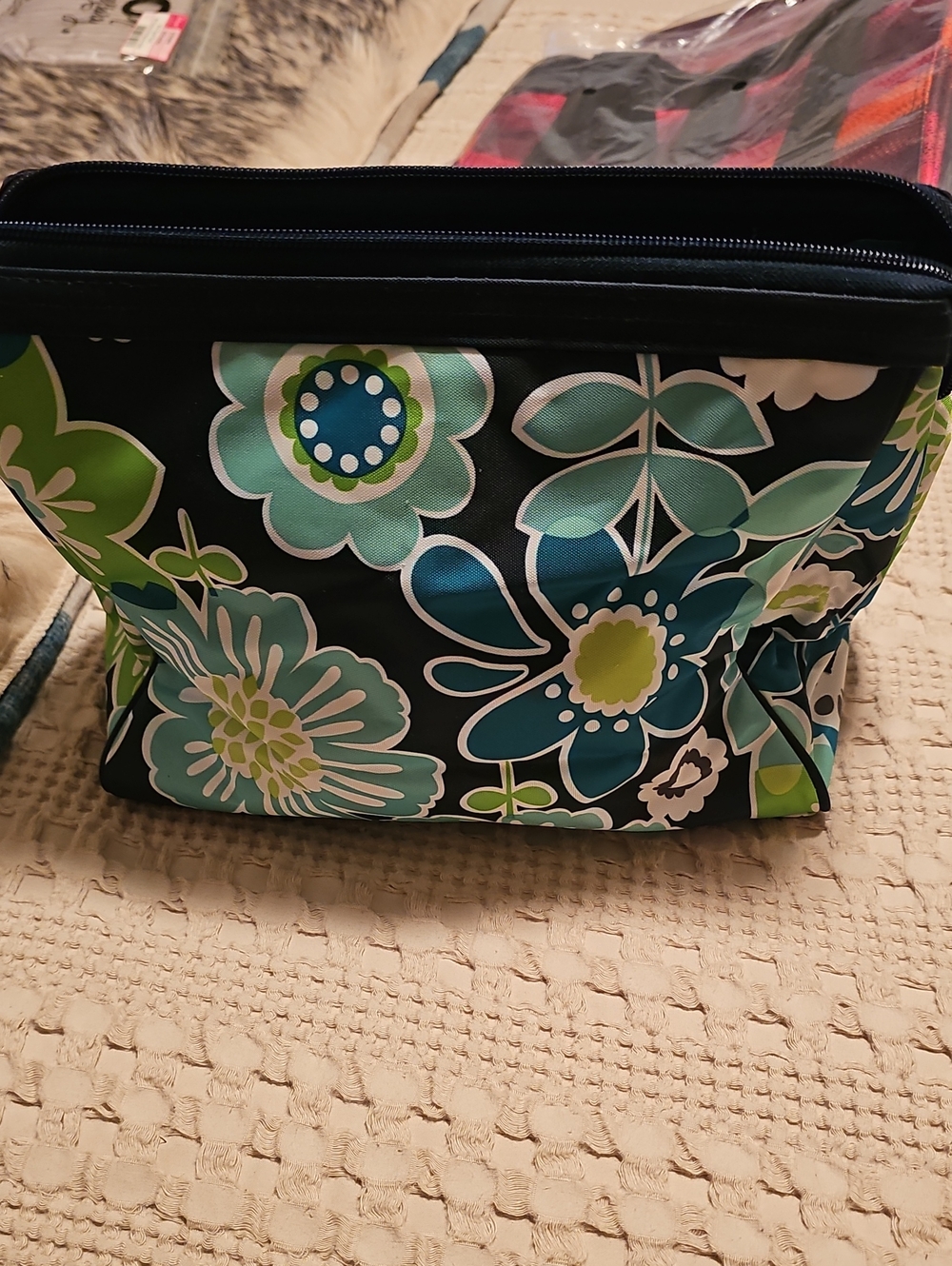 thirty-one Floral Cosmetic Pouch in Black with Teal & Green